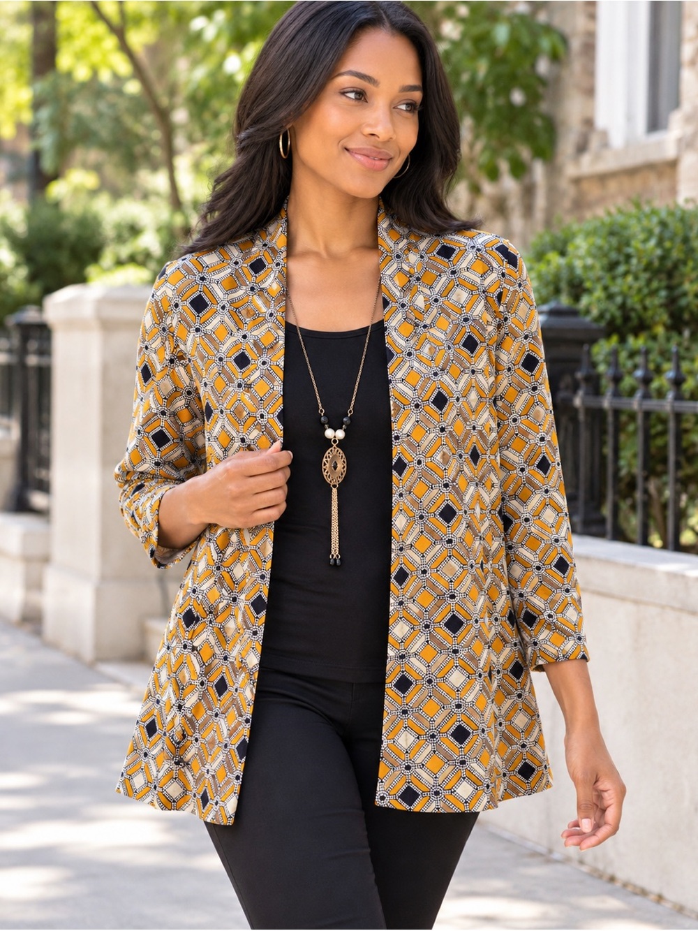 Open-Front Geometric Print Blazer in Mustard